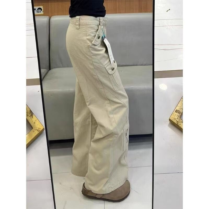American-Style Design Spring Vibe Low-Waist Straight-Leg Flared Workwear Jeans for Women, New Loose Wide-Leg Pants with Multiple Pockets