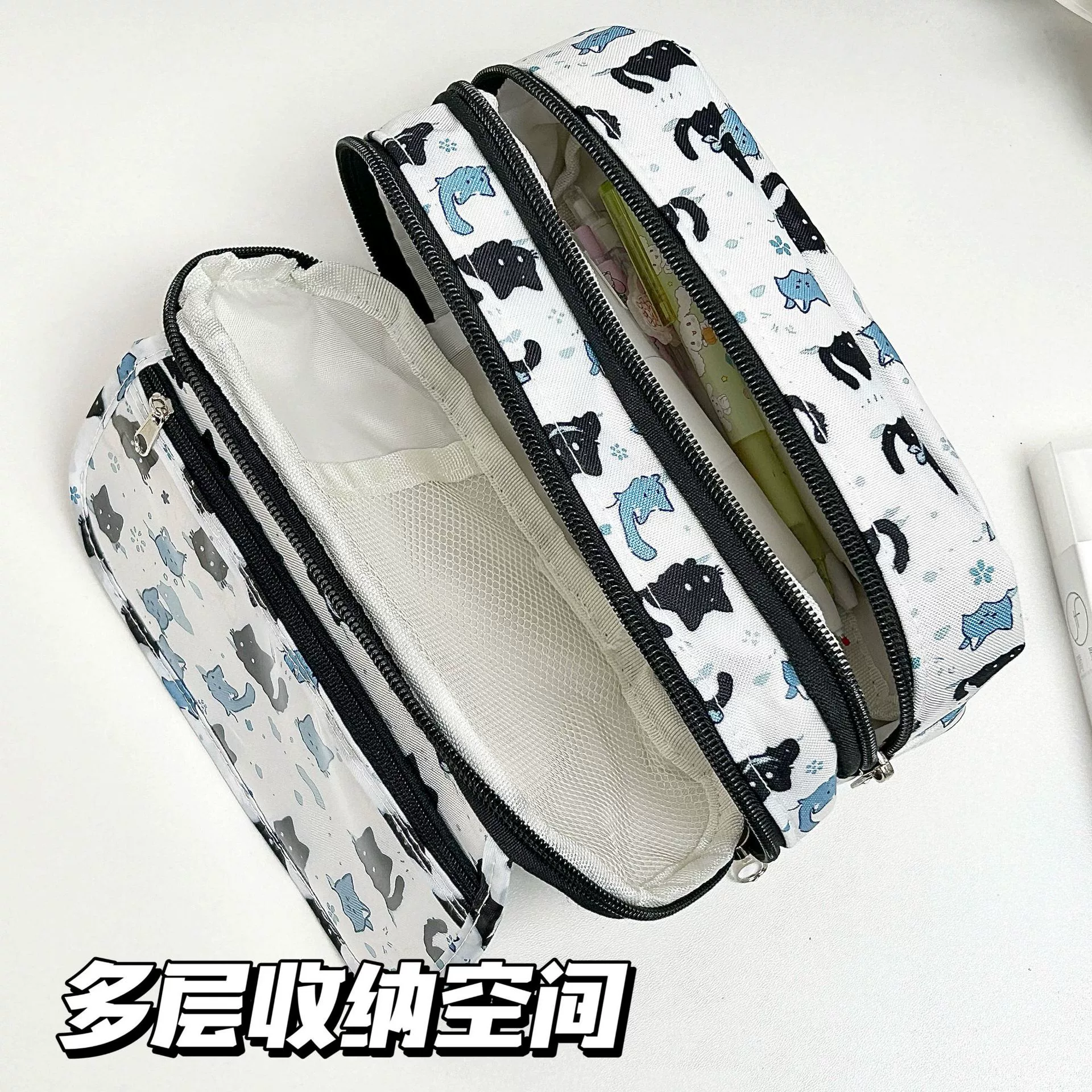 Multilayer capacious pencil case, cosmetic bag for students, kitten