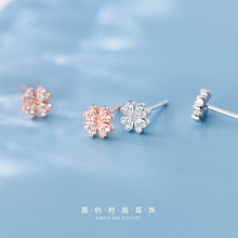 纳兰 925银耳钉女韩版时尚ins风简约四叶花镶钻时尚耳饰G3011