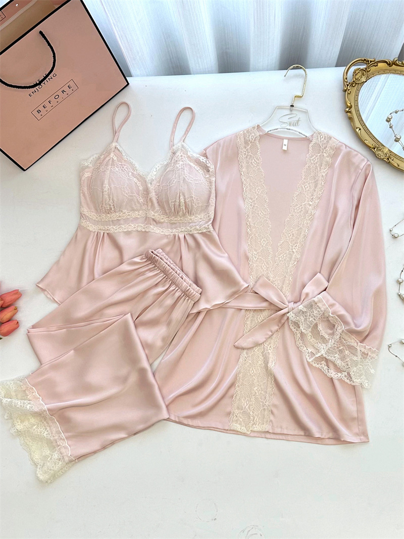 Damen Pyjama Set Aus Eisseide Mit Brustpolster Und Nachthemd_voghion.com