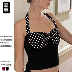 欧美新款时尚挂脖式瑜伽服背心露背上衣波点拼色系健身运动内衣