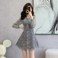 实拍现货 秋装粗花呢连衣裙小香风拼接雪纺沙系灯笼袖长袖连衣裙