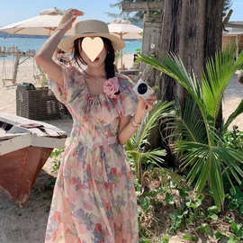 茶歇法式油画碎花连衣裙女夏2026新款小个子感气质长裙子