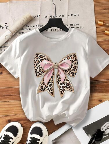 European and American-style round-neck short-sleeved T-shirt with layered bow pattern print—new summer women’s top