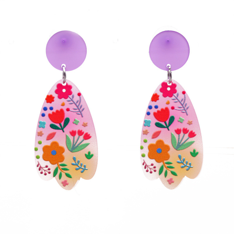 Pendientes geométricos de acrílico de acetato transfronterizo de Europa y América dulce Linda caricatura Smiley flor pintada Pendientes chapados en plata