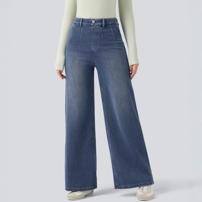 Cross-Border E-Commerce Aliexpress Amazon Hot-Selling High-Waisted Stretch Jeans Women's Loose Wide-Leg Pants European and American Plus Size