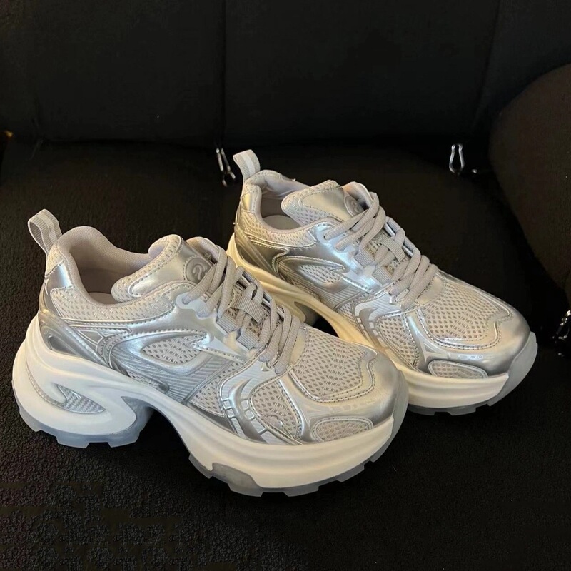 Silver Thick-Soled Dad Shoes for Women 2024 Spring and Summer New Style for Small People to Increase Height by 7cm Breathable Mesh Niche Sports Shoes