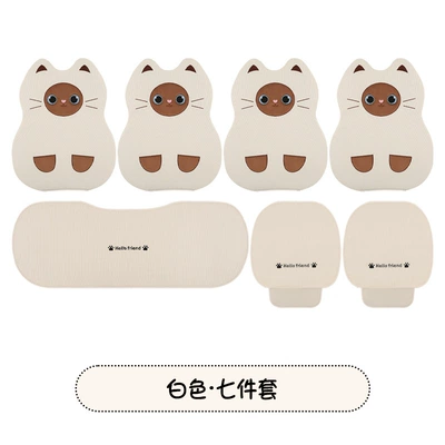 Full Cotton and Linen Breathable Female Car: Seat cushion, seat cover - white-seven-piece-set-3-color-linen-reverse-siam-cat