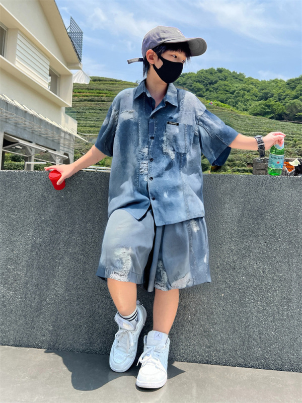 男の子の夏模造デニムアイスシルクスーツ薄い 2025 新しい夏クールスタイルシャツ半袖ショーツトレンディ|undefined