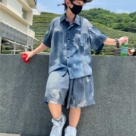 男童夏装仿牛仔冰丝套装薄款2026新款夏日清凉洋气衬衣短袖短裤潮