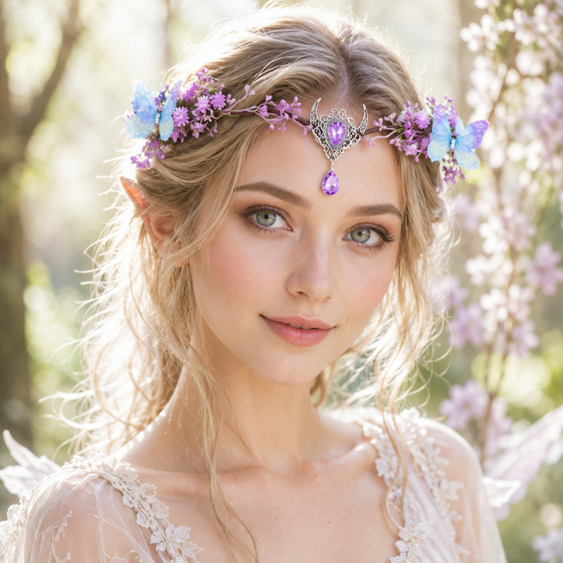 Artificial flower forehead ornament, ethnic style headband, wedding headpiece, COS elf hair accessory, photo prop, floral wreath for women