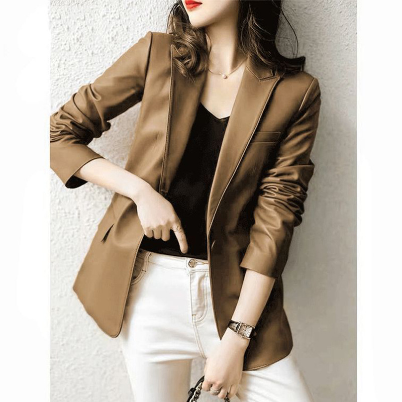 High-grade imported lambskin one-button leather suit leather women's gold khachi slim-fit elegant sheepskin coat