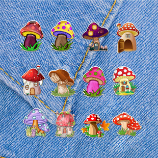 Cross-border mushroom tree house acrylic collar pin small mushroom series creative personality anti-light buckle brooch badge wholesale