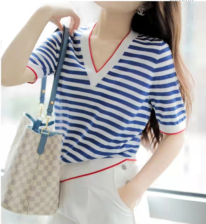 V-neck blue and white contrast color sweater T-shirt women's summer thin navy style striped short sleeve loose all-match bottoming top