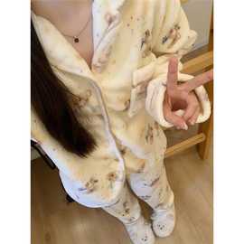 可爱考拉珊瑚绒睡衣女冬季新款加绒加厚保暖法兰绒家居服长袖套装