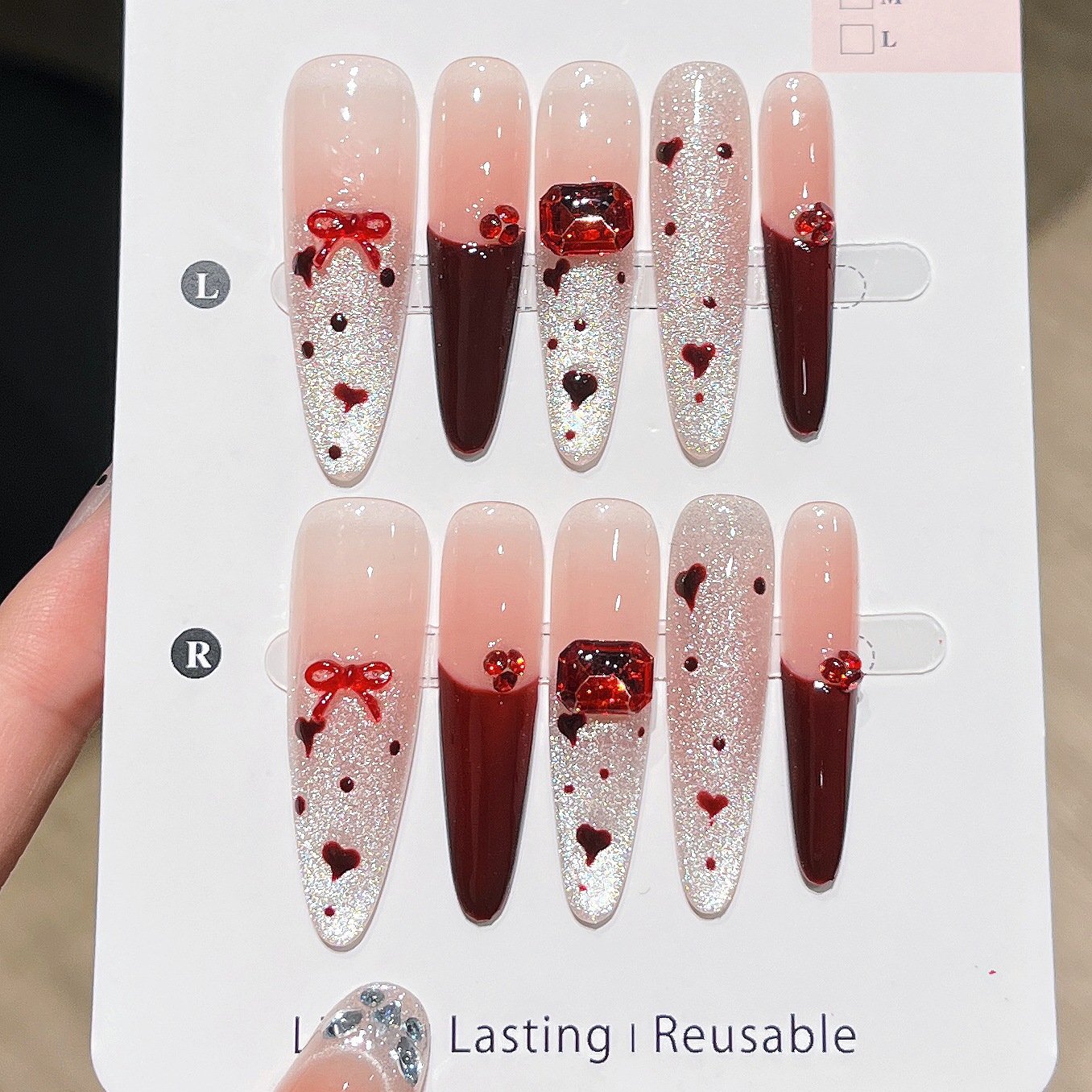 Uña hecha a mano de Año Nuevo rojo blanqueador parche de uñas parche de uñas de manicure largo puro parche de uñas hechas a mano 4.0