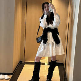 【现货】韩国2024年春季新款时尚百搭纯色V领气质系带长袖连衣裙