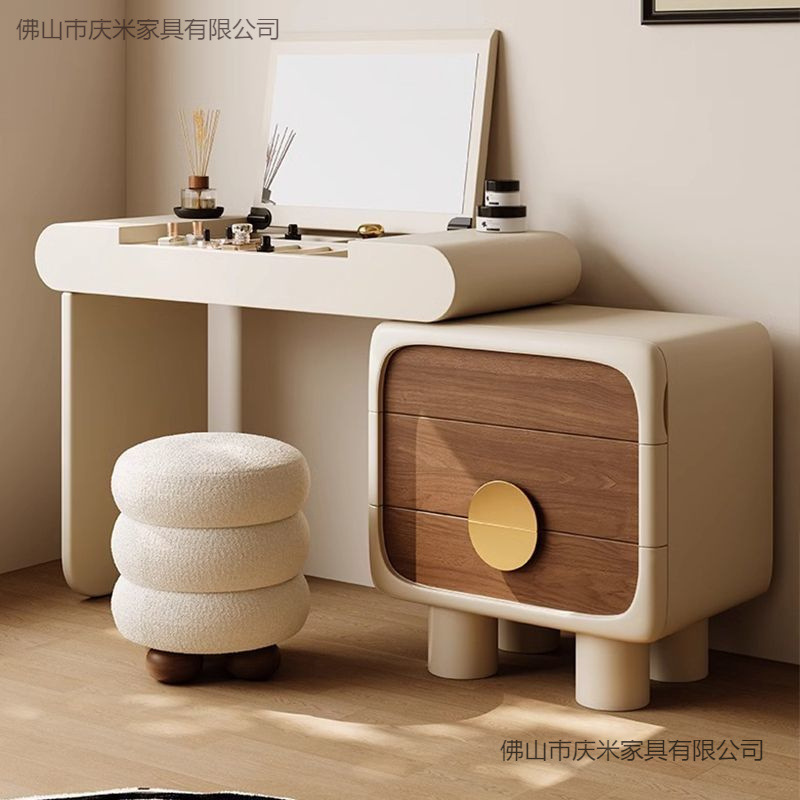 Dressing Table and Cupboard Integrated Cream Style Thickened Small Apartment New Flip-Up Makeup Mirror Solid Wood Retractable Makeup Table