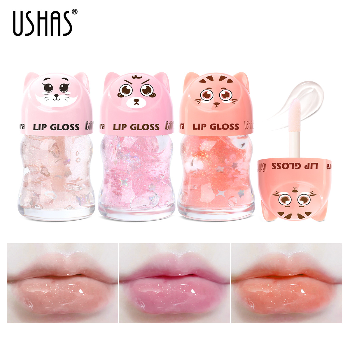 USHAS 3-Farben-Liquid-Gloss-Lang anhaltendes Lippenöl mit Box-Pack_voghion.com