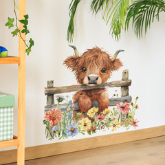 外貿卡通可愛小牛柵欄花朵臥室客廳玄關家居裝飾牆貼貼紙自粘批發