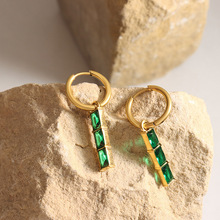 法式复古个性气质款时尚条状形绿锆石耳环耳钉钛钢饰品女工厂批发