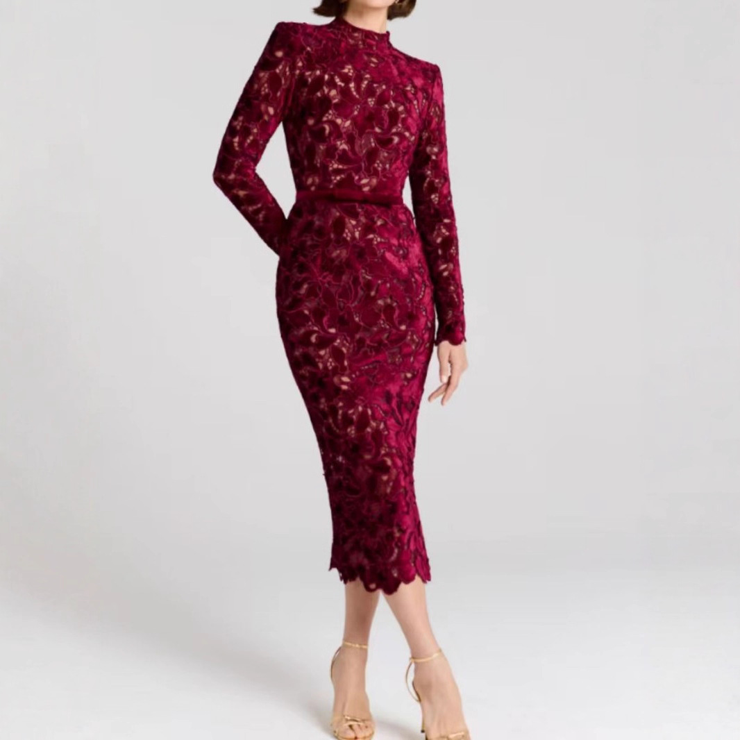 2025 Autumn/Winter New Cross-Border Women's Fashion Independent Station Amazon Asymmetric Jacquard Long-Sleeve Evening Dress