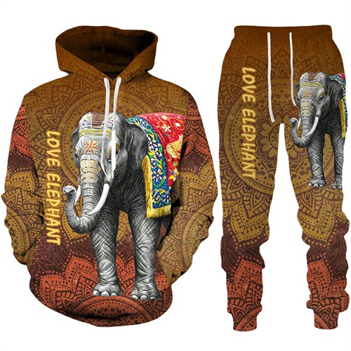 2024 Autumn Four Seasons Cross-Border Set Men's Elephant Pattern 3D Print Long Sleeve Hoodie and Pants Animal Set