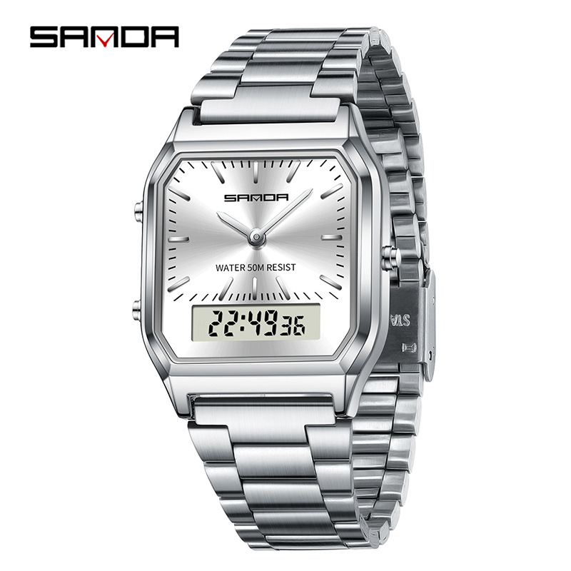 SANDA SANDA 747 hombre retro reloj electrónico de negocios moda moda personalidad reloj de hombre correa de acero reloj de pulsera ligero