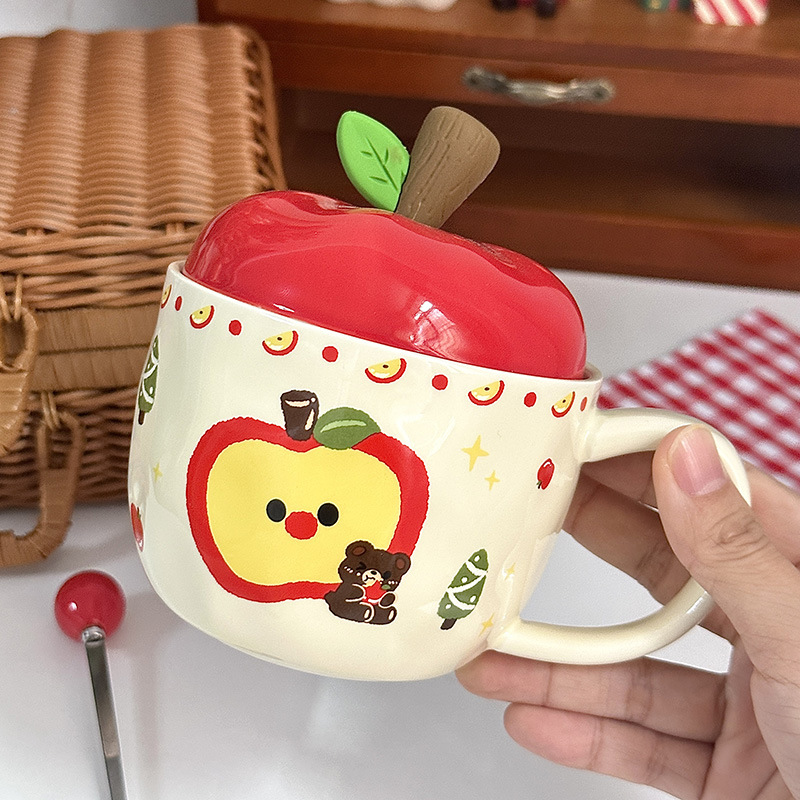 Taza de cerámica de manzana creativa Taza con tapa Regalo de cumpleaños Taza de bebida para niñas Taza retro con regalo festivo