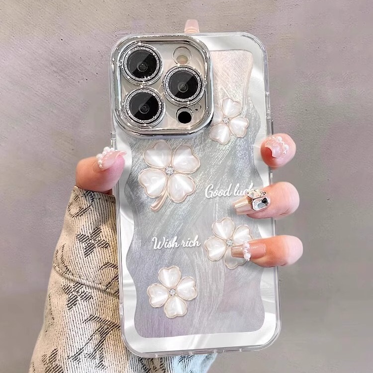 Suitable for Apple 17 Pro Max Phone Case, New Four-Leaf Clover iPhone 15 Feather Yarn with Lanyard, 14 Glitter Lens