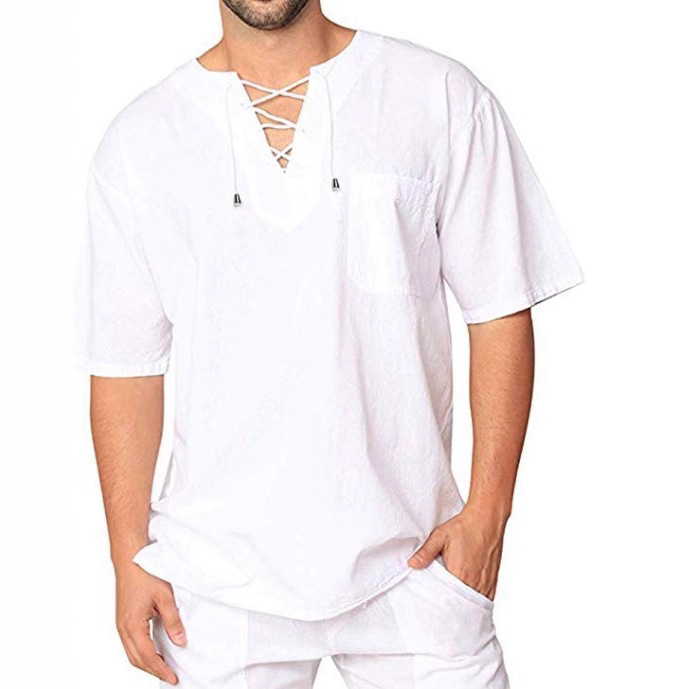 Foreign Trade Summer New Men's Short-Sleeved T-Shirt Cotton and Linen Tie Collar Casual Men's T-Shirt Shirt