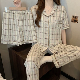 日系少女风复古格纹睡衣女款夏季仿棉短袖家居服三件套可外穿批发
