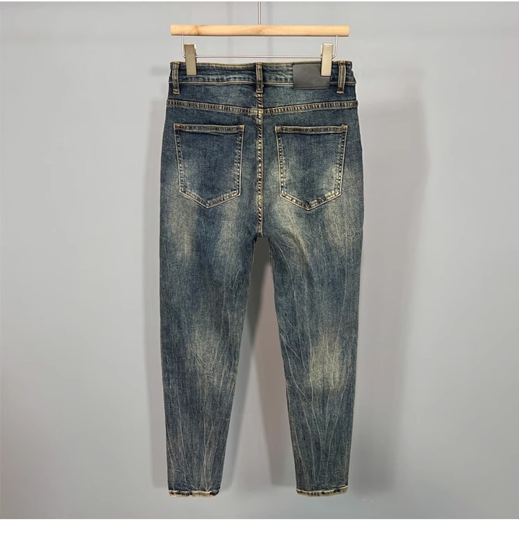 Autumn And Summer New Korean-style Handsome Small-footed Jeans, Slim-fitting, Comfortable, Elastic, Washed And Old-fashioned Nine-point Pants_viptrois.com