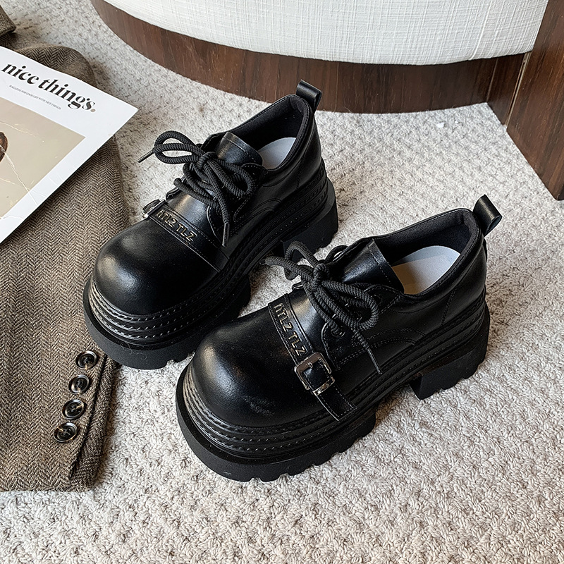 Pequeño 8cm de altura ~ cordón zapatos de Lefour zapatos de cuero para mujeres 2025 primavera universal zapatos de muffin de suela gruesa