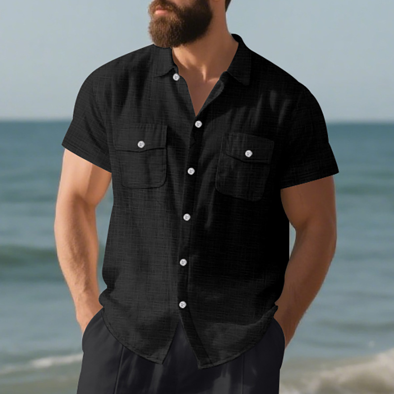 Chemise d'été à manches courtes pour homme, couleur unie, double poche, décontractée, pour les vacances_voghion.com