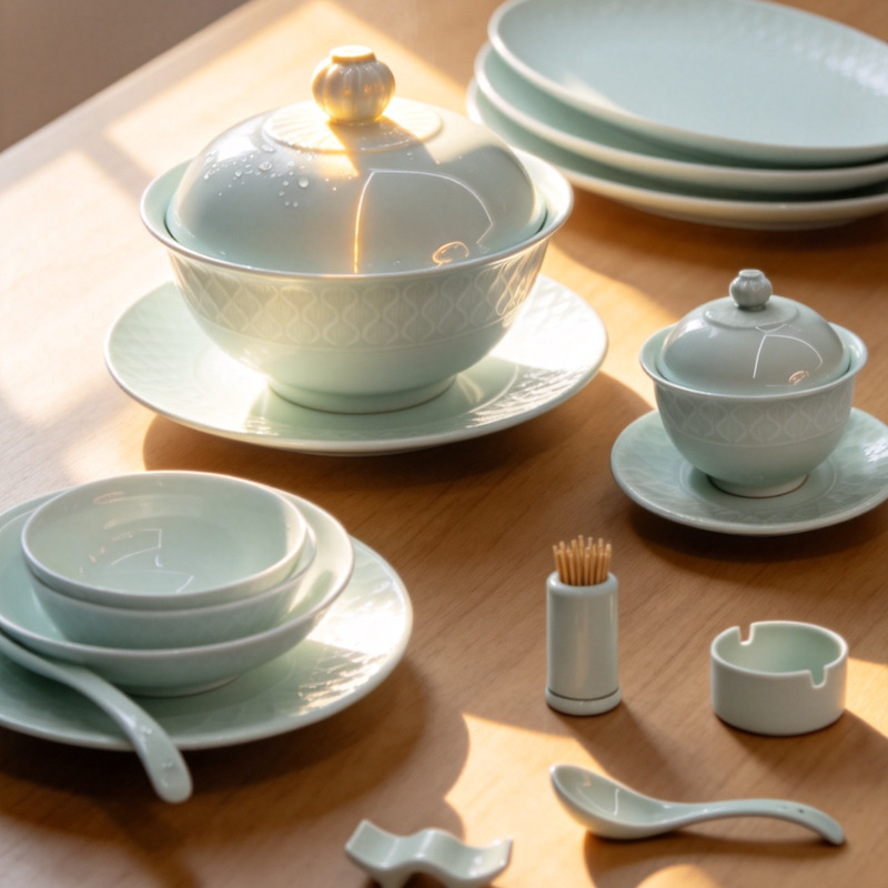 Jingdezhen Celadon Underglaze Ceramic Dinnerware Set, Chinese-Style Light Luxury Embossed Bowls and Plates, Housewarming Bowls and Chopsticks, Ice Powder Bowl