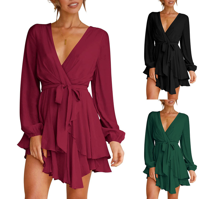 2024 Hot Selling New Amazon Women's Dress Deep V Collar Long Sleeve Waist Tie Pleated Mini Elegant Skating Skirt 2024 Hot Selling New Amazon Women's Dress Deep V Collar Long Sleeve Waist Tie Pleated Mini Elegant Skating Skirt