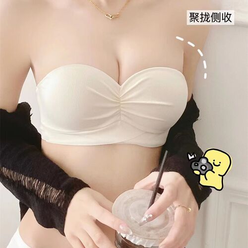 Gentle Cream Color Underwear Girls Pleated Seamless Half Cup Strapless Small Breast Push Up Invisible Bra Set