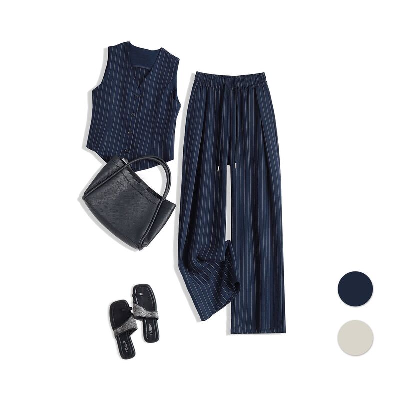 0282/0377 Elastic Waist Drawstring Striped Straight-Leg Pants Suit-Style Vest Striped Fabric Top Set 0282/0377 Elastic Waist Drawstring Striped Straight-Leg Pants Suit-Style Vest Striped Fabric Top Set
