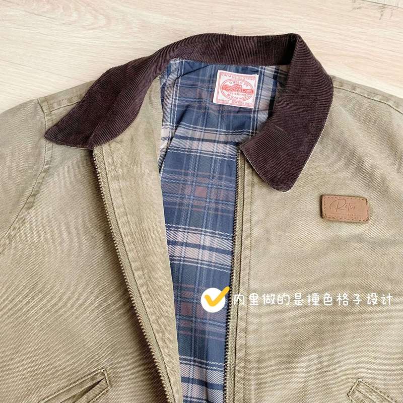 马登美式巴恩风卡其撞色翻领底特律谷仓工装夹克短外套上衣女士秋|undefined