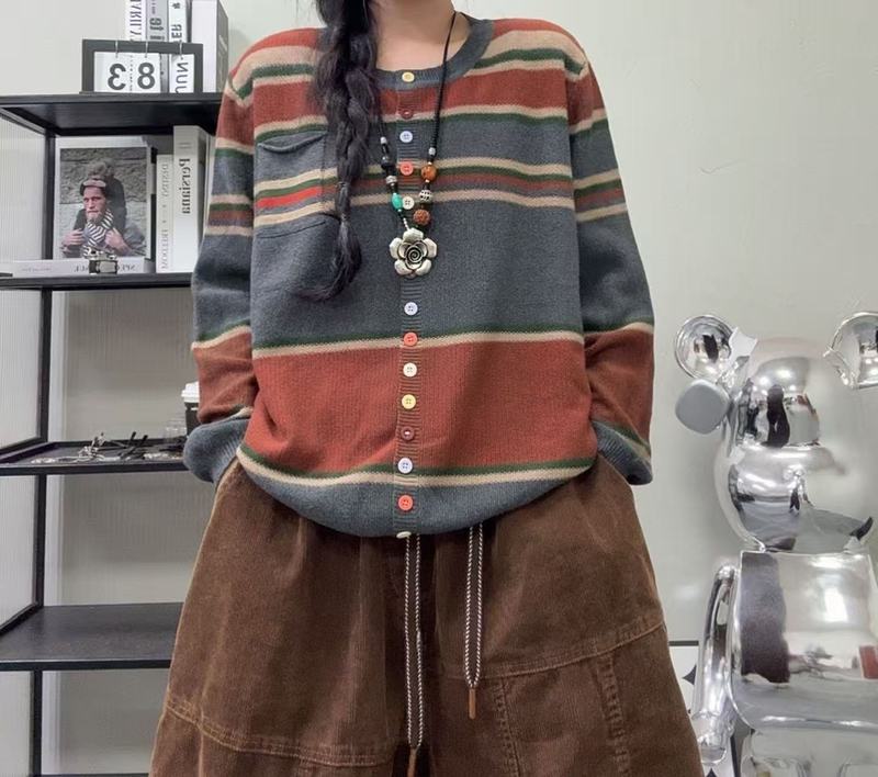 条纹撞色针织衫女 秋款 文艺复古宽松显瘦慵懒撞色休闲开衫毛衣|undefined