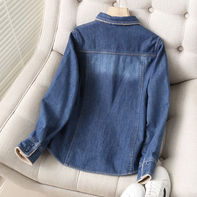 Dameklær mote pluss fløyels varm denimskjorte dame langermet allsidig avslappet tyk skjorte topp trend_voghion.com