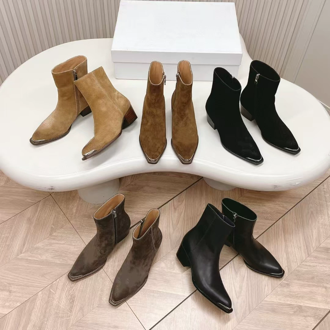 High Ding 2024 осень-зима новые модные металлические остроконечные средние ботинки на западном каблуке модные толстые сапоги на молнии