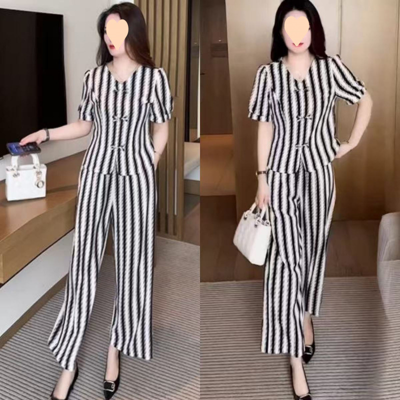 新中式国风套装女夏季新款时尚洋气显瘦冰丝盘扣短袖阔腿裤两件套|undefined