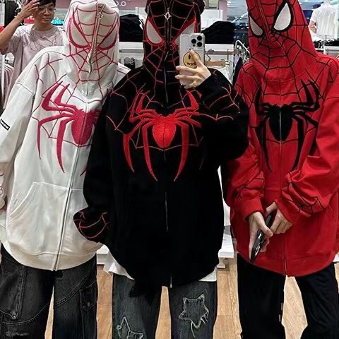 [embroidered Spider-man Jacket] American Retro Niche Design Cool girl Style Hooded Cardigan Sweatshirt