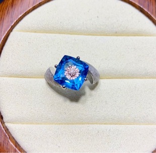 S925 full-body silver natural London blue topaz ring fashion frosted drawing process