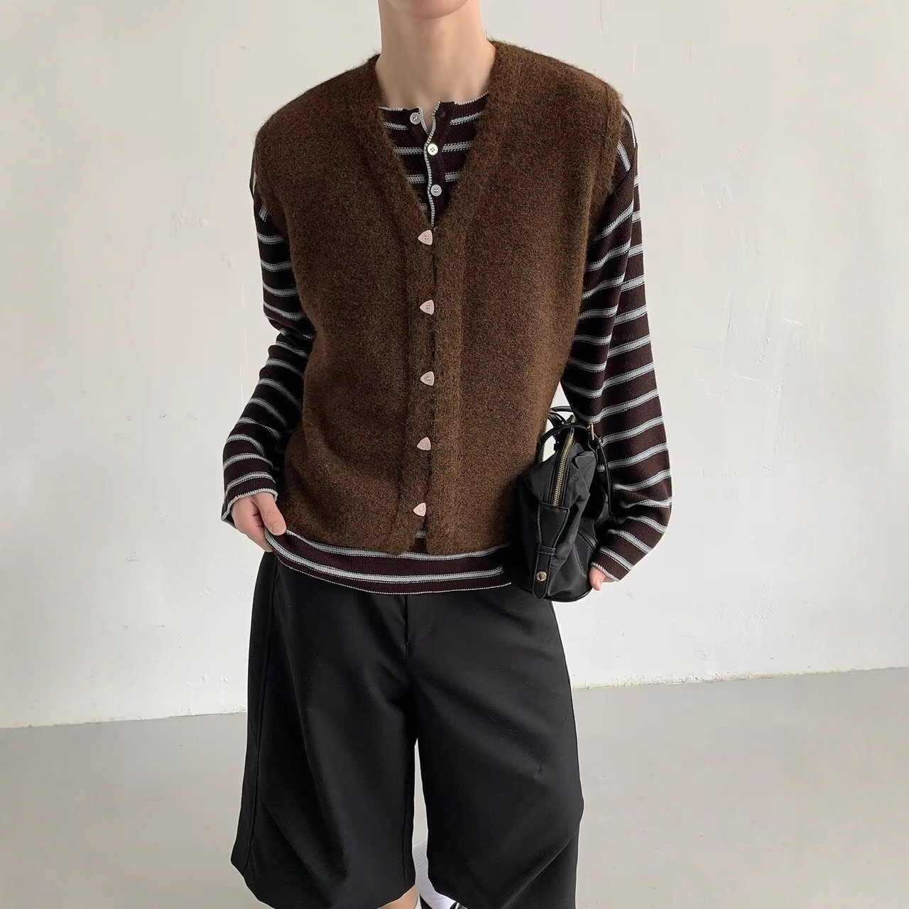 美式覆古排扣V领马甲毛衣男女秋冬季新款无袖情侣休闲针织衫外套