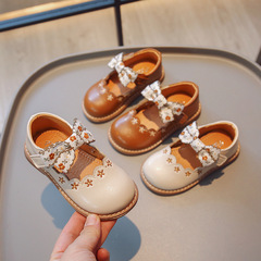 Children's leather shoes 2023 spring new girl flower embroidery bow princess shoes single shoes for girls cross-border