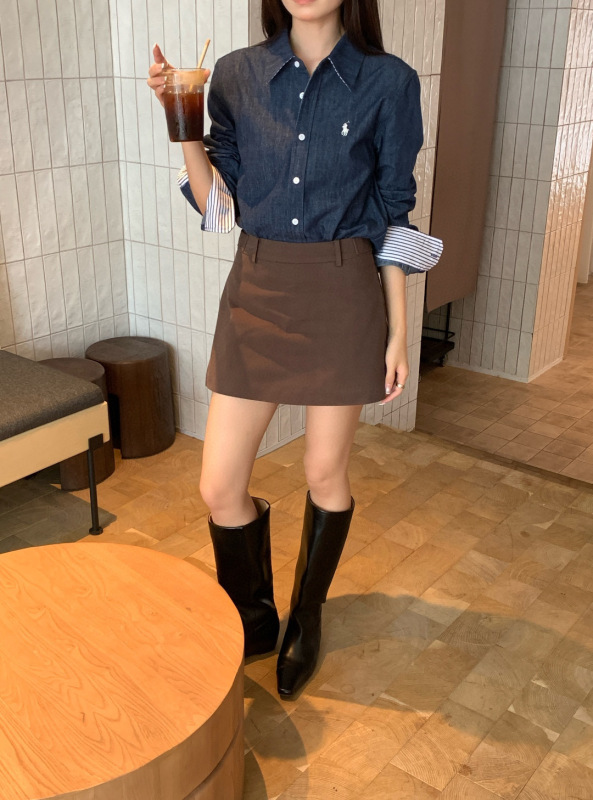 原版RL拉夫牛仔衬衫女装小马标刺绣美式复古衬衣老钱风polo领上衣|undefined