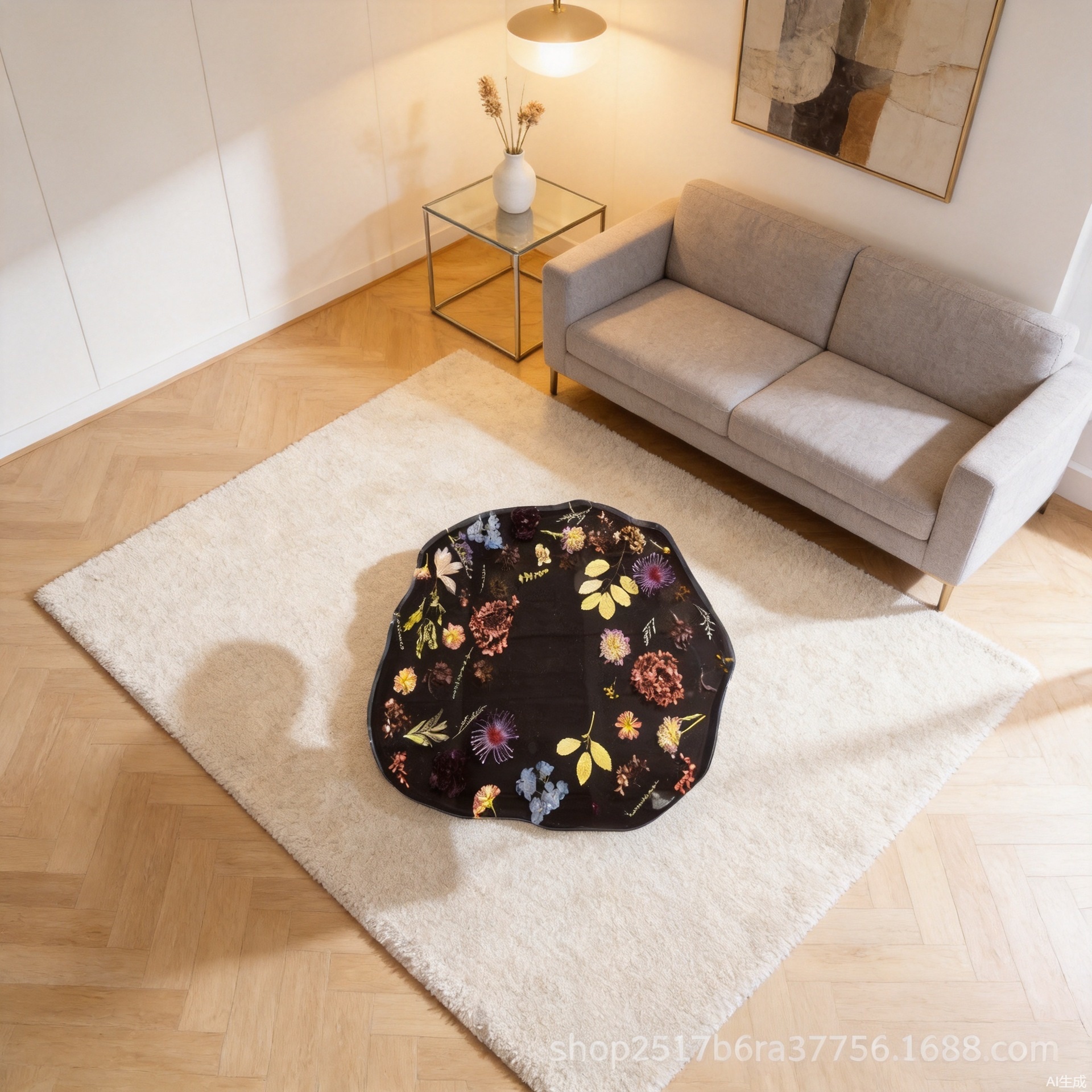 Handmade High-End Lace-Shaped Coffee Table with Epoxy Resin and Fresh Flowers, Light Luxury Coffee Table for Home Use